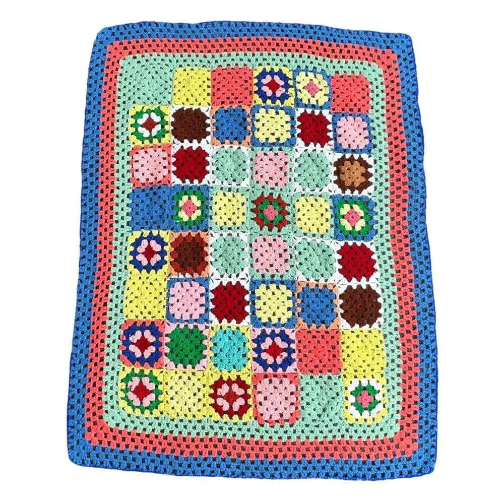 Handmade Crochet Granny Square Throw Afghan 38.5 X 49.5 inch Multi-Color Blanket